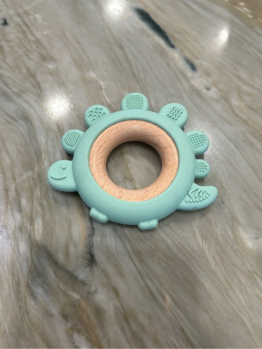 Silicone & Wood Turtle Teether Ring - Mint and Light Blue (Set of 2)